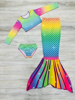 My Kids Wear Işıltılı Deniz Kızı Kostümü Renkli 3'lü Set Kız Çocuk Kostüm Eğlenceli Tema