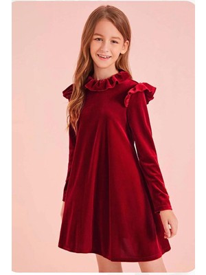 My Kids Wear Kız Çocuk Kadife Elbise Fırfır Detaylarıyla  İçin