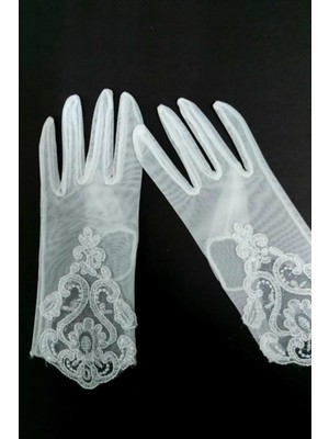 Hayalperest Boncuk Dantel Desenli Beyaz Bilek Boyu Gelin Eldiveni
