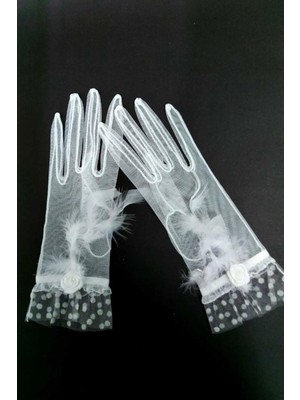 Hayalperest Boncuk Beyaz Tüy Detaylı Gelin Nikah Eldiveni