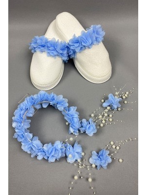 Bebe Mavi Lazer Çiçekli Incili Taç ve Lohusa Terlik Seti