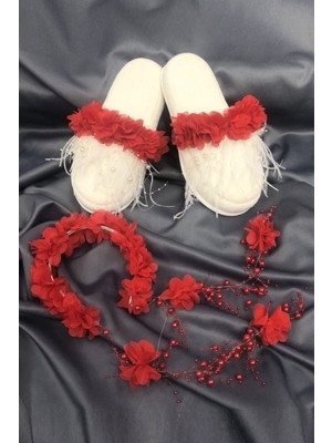 Kırmızı Tüylü Lohusa Terligi ve Incili Taç