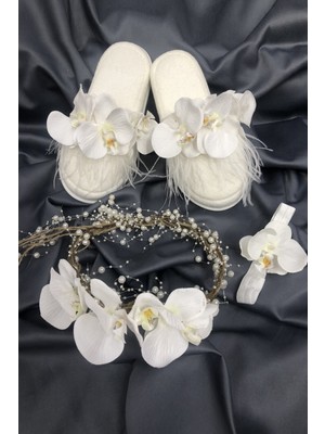 Orkide Tüylü ve Incili Lohusa Terliği Taç Seti