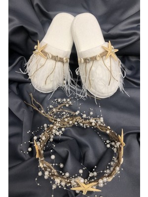 Deniz Yıldızlı Lohusa Terliği ve Hasırlı Taç