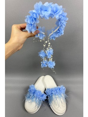 Bebe Mavi Lazer Çiçekli Taç ve Tüylü Lohusa Terlik Seti