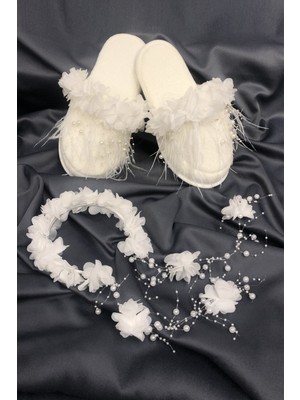 Tüylü Incili Lohusa Terliği ve Çiçekli Taç