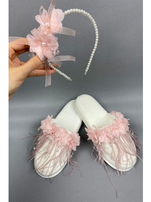 Pudra Lazer Çiçekli Incili Taç ve Tüylü Lohusa Terlik Seti