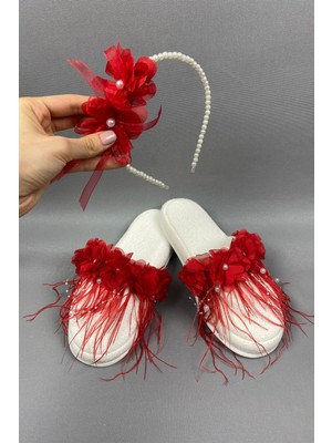 Kırmızı Lazer Çiçekli Incili Taç ve Tüylü Lohusa Terlik Seti