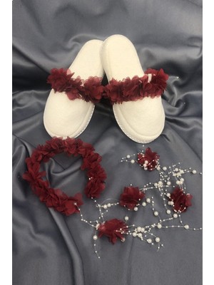 Bordo Çiçekli Lohusa Terligi ve Incili Taç