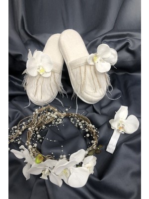 Orkideli Hasırlı Taç ve Terlik Takımı