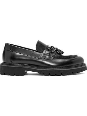 Erkek Siyah Püsküllü Deri Casual Loafer 24WFD740418