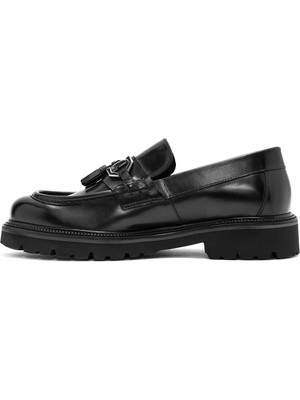 Erkek Siyah Püsküllü Deri Casual Loafer 24WFD740418