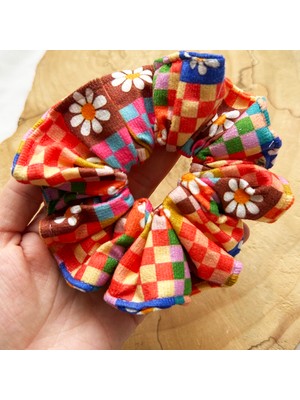 ModaZey Kareli Çiçek Desenli Scrunchie & Lastikli Toka