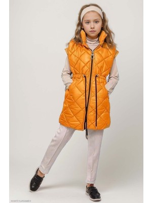 Riccotarz Kız Çocuk Kare Desenli Dikiş Detaylı Uzun Şişme Selective Sarı Yelek Boğazlı Kazak Pantolon Alt Üst Takım