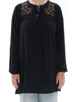 Moda Şen Modasen Yaka Nakışlı Bağcıklı Siyah Bürümcük Bluz