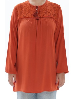 Moda Şen Modasen Yaka Dantelli Bağcıklı Turuncu Bürümcük Kadın Bluz