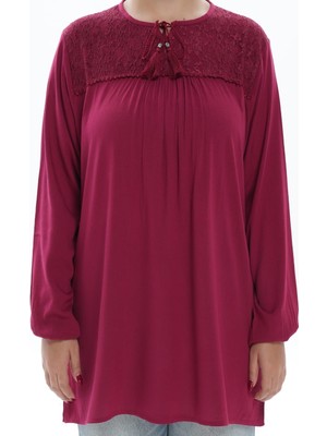 Moda Şen Modasen Yaka Dantelli Bağcıklı Bordo Bürümcük Kadın Bluz
