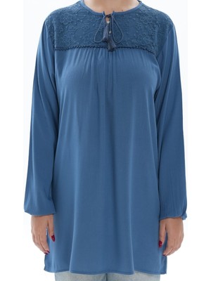 Moda Şen Modasen Yaka Dantelli Bağcıklı Mavi Bürümcük Kadın Bluz