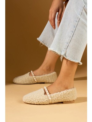 Behtah Kundura Kadın Inci Detaylı Kuzu Tüyü Şık Rahat Günlük Babet Ayakkabı Ev Babeti