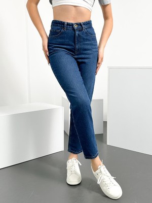 Hlt Jeans Koyu Mavi Kadın Mom Jean Yüksek Bel Likralı Esnek Kot Pantolon Anna-Kymavi