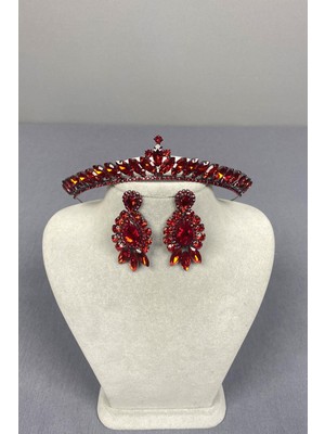 Hayalperest Boncuk Kırmızı Ece Gelin Kına Tacı ve Damlalı Mekik Taş Küpe Seti