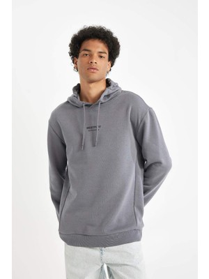 Relax Fit Kapüşonlu Baskılı Kalın Sweatshirt Dark Grey