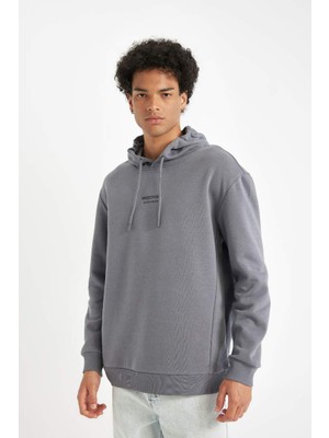 Relax Fit Kapüşonlu Baskılı Kalın Sweatshirt Dark Grey