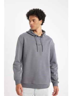 Relax Fit Kapüşonlu Baskılı Kalın Sweatshirt Dark Grey