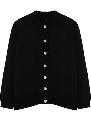 Frm Kadın Büyük Beden Moda Şık Regular Bisiklet Yaka Uzun Kol Düz Taşlı Düğmeli Triko Hırka