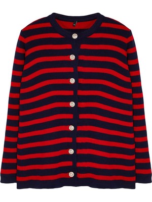 Frm Kadın Büyük Beden Moda Şık Regular Bisiklet Yaka Uzun Kol Çizgili Triko Hırka