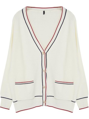 Frm Kadın Büyük Beden Moda Şık Regular V Yaka Uzun Kol Çizgili Çizgi Detaylı Triko Hırka