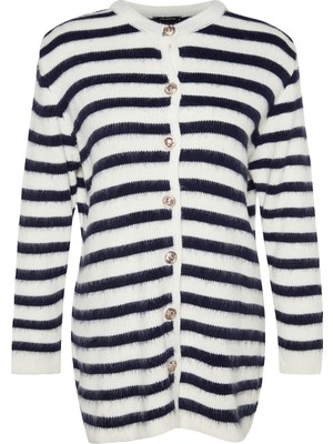 Frm Kadın Tesettür Regular Bisiklet Yaka Uzun Kol Çizgili Gold Düğme Detaylı Yumuşak Dokulu Triko Hırka