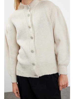 Frm Kadın Regular Bisiklet Yaka Uzun Kol Düz Yumuşak Dokulu Mücevher Düğmeli Ceket Görünümlü Triko Hırka