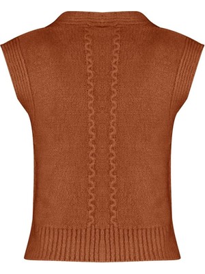 Kadın Moda Şık Crop V Yaka Kolsuz Saç Örgü Yumuşak Dokulu Triko Yelek