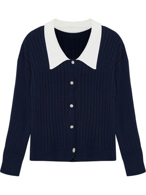 Frm Kadın Büyük Beden Moda Şık Regular Gömlek Yaka Uzun Kol Düz Triko Hırka