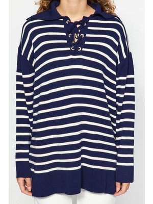 Frm Kadın Tesettür Moda Şık Regular Kare Yaka Uzun Kol Çizgili Rahat Kalıp Triko Kazak