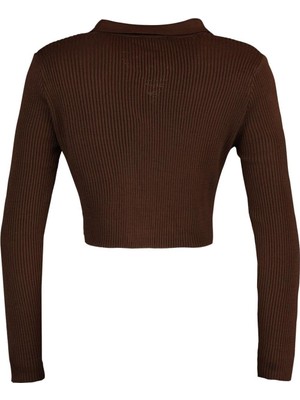 Kadın Moda Şık Crop Polo Yaka Uzun Kol Düz Crop Fermuarlı Triko Hırka