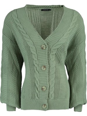 Frm Kadın Moda Şık Regular V Yaka Uzun Kol Saç Örgü Geniş Kalıp Triko Hırka