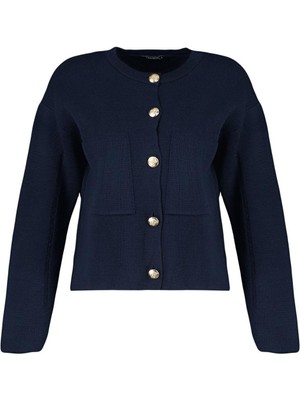 FRM Kadın Moda Şık Regular Bisiklet Yaka Uzun Kol Düz Düğme Detaylı Ceket Görünümlü Triko Hırka