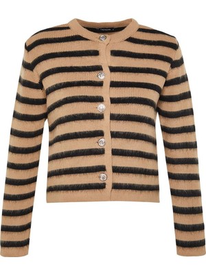 Frm Kadın Moda Şık Regular Bisiklet Yaka Uzun Kol Çizgili Yumuşak Dokulu Ceket Görünümlü Triko Hırka