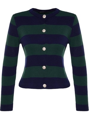 Kadın Moda Şık Regular Bisiklet Yaka Uzun Kol Çizgili Basic Ceket Görünümlü Triko Hırka