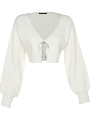 Frm Kadın Moda Şık Crop V Yaka Uzun Kol Düz Süper Crop Basic Fiyonklu Triko Hırka