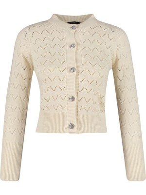 FRM Kadın Moda Şık Regular Bisiklet Yaka Uzun Kol Ajurlu Düğme Detaylı Delikli Bluz-Hırka Takım