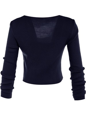 FRM Kadın Moda Şık Crop V Yaka Uzun Kol Düz Crop Bağlama Detaylı Bluz-Hırka Triko Takım Triko Hırka