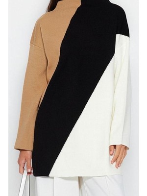 Frm Kadın Tesettür Moda Şık Regular Dik Yaka Uzun Kol Renk Bloklu Dik Yaka Triko Kazak