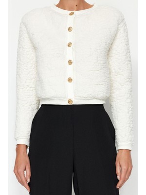 Frm Kadın Moda Şık Crop Düğmeli Yaka Uzun Kol Düz Gold Düğmeli Peluş Crop Örme Hırka