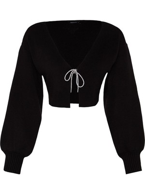 Frm Kadın Moda Şık Crop V Yaka Uzun Kol Düz Süper Crop Basic Fiyonklu Triko Hırka