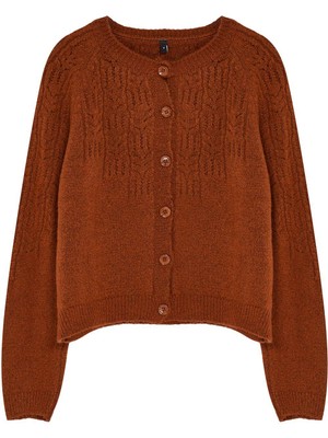 Kadın Moda Şık Crop Bisiklet Yaka Regular Yumuşak Dokulu Ajurlu Delikli Triko Hırka