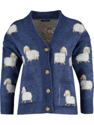 Kadın Moda Şık Regular V Yaka Regular Yumuşak Dokulu Hayvan Desenli Triko Hırka