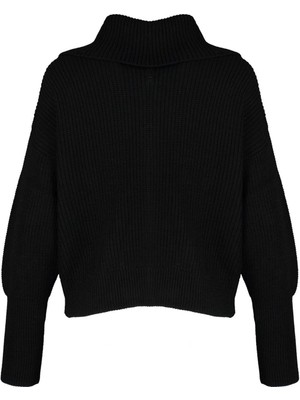 FRM Kadın Moda Şık Regular Devrik Yaka Oversize Geniş Kalıp Devrik Yaka Fermuarlı Triko Hırka